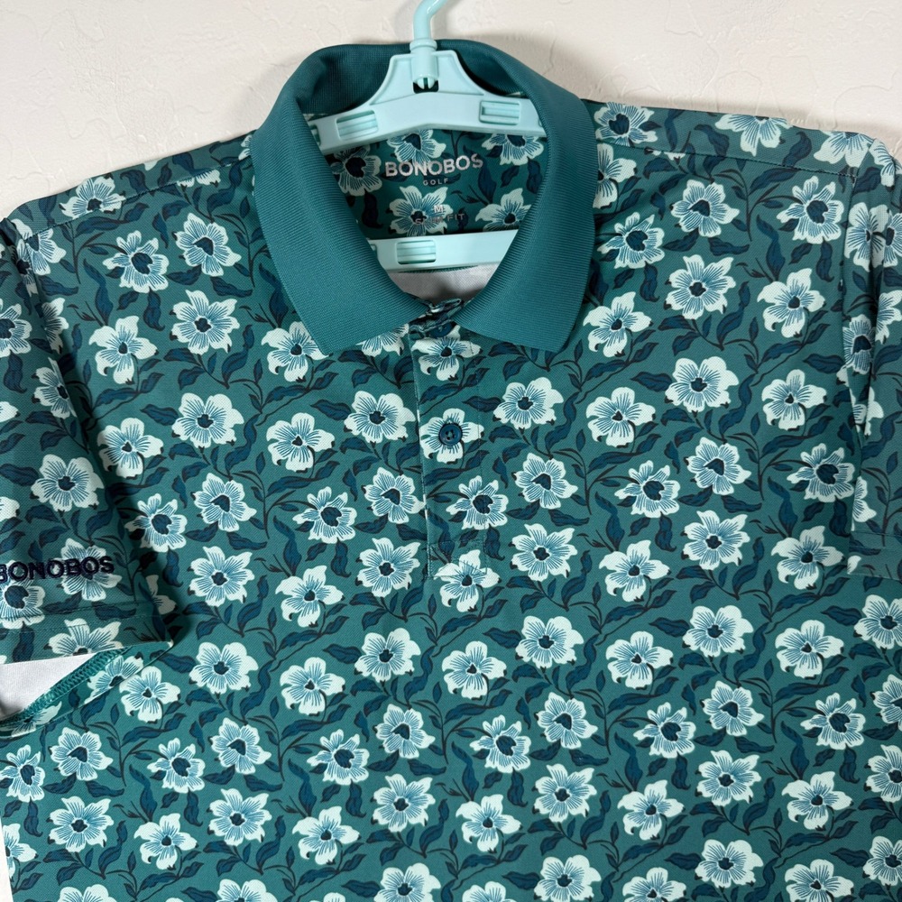 Bonobos Golf Polo Shirt Mens Medium Green Floral Slim Fit Performance Casual